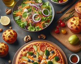 Un plato con una ensalada, otro plato con una pizza cuatro estaciones, y muffins de manzana